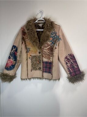Vintage Fox Fire Women's Patchwork Teddy Jacket in Beige with Olive Faux Fur